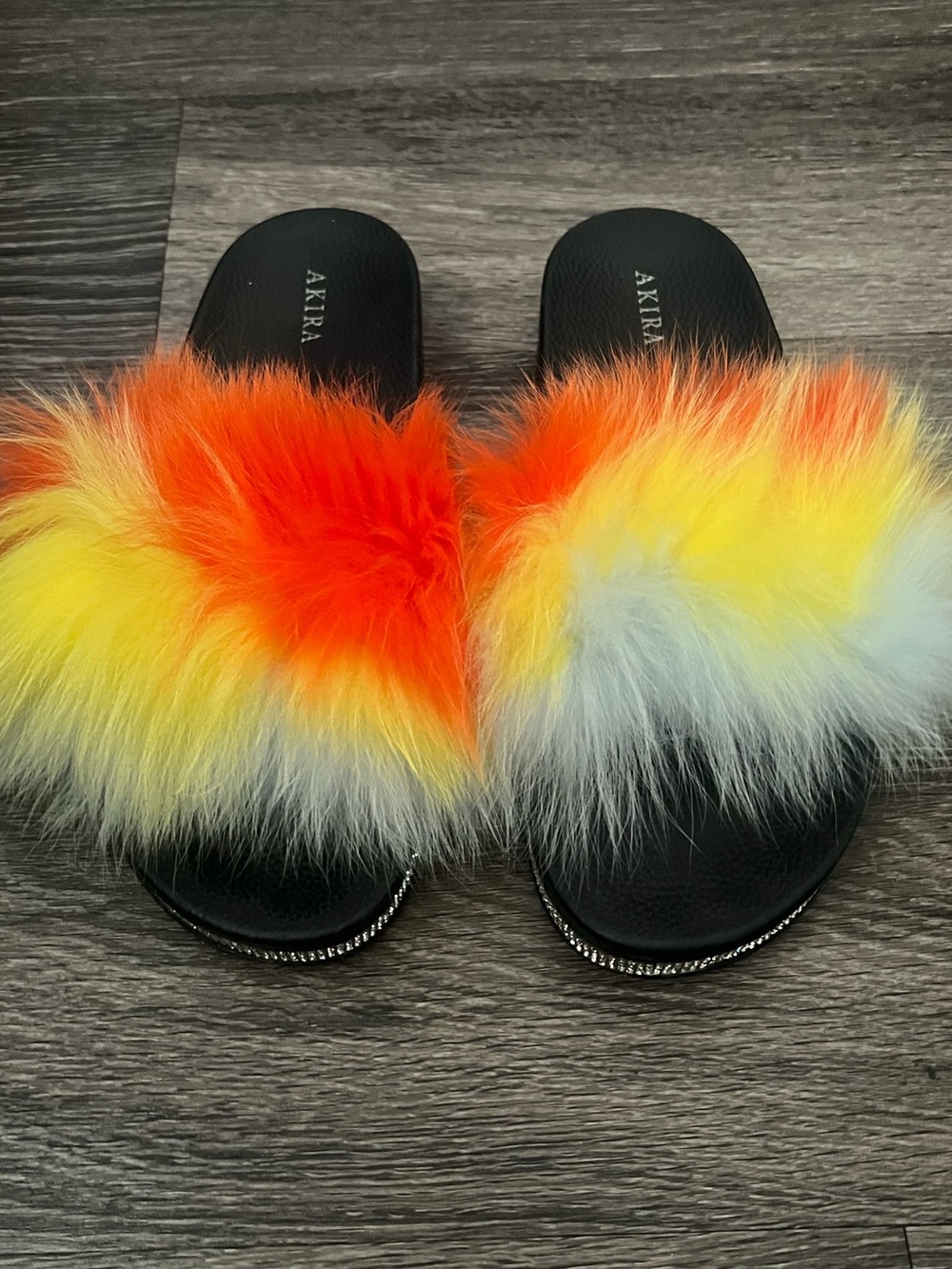 Akira Fuzzy Fur Slides Orange Yellow Blue Rhinestone Accent